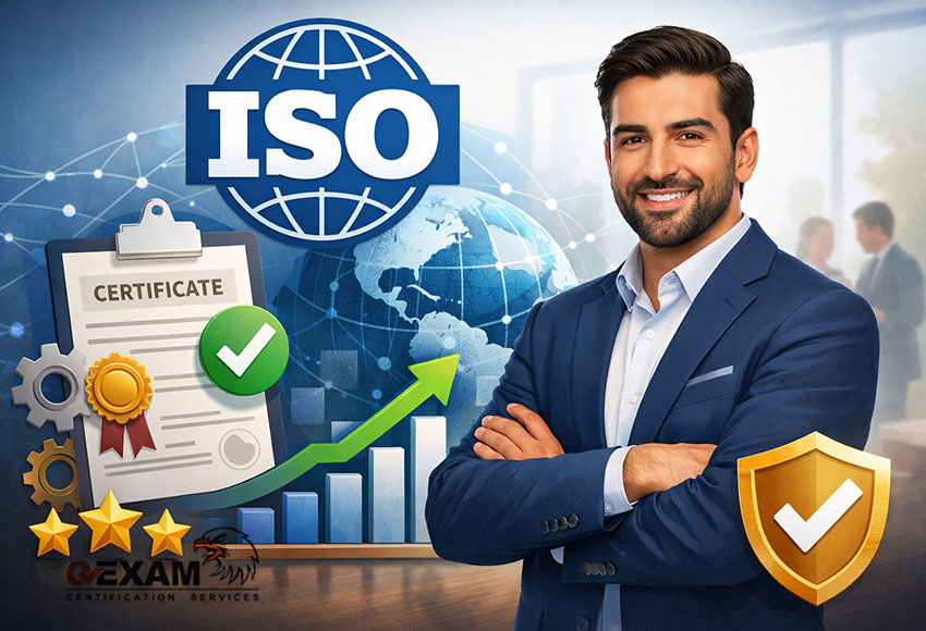 تصویر یک مدیر حرفه‌ای در کنار المان‌های استاندارد ایزو که نقش ایزو در بهبود کیفیت، اعتماد مشتری و رشد کسب‌وکار را نمایش می‌دهد.